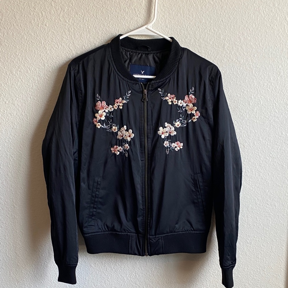 American Eagle Outfitters Black Floral Bomber Jacket